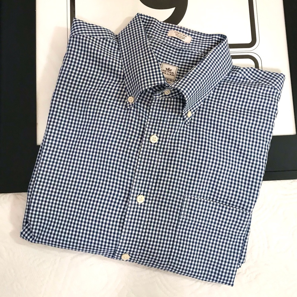 Peter Millar Nanoluxe Easycare Button Down Navy Gingham Check XL